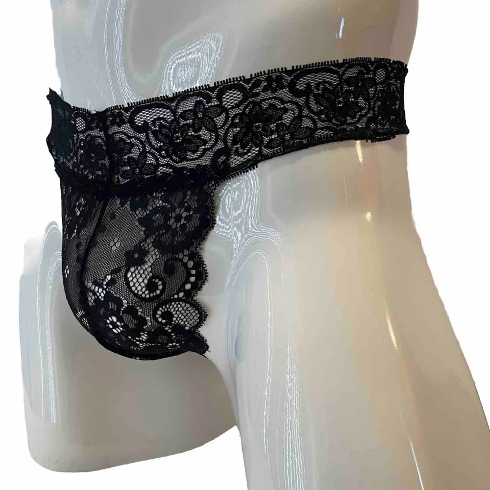 Mens Thong Lace Black Medium Floral Sheer New With Tags